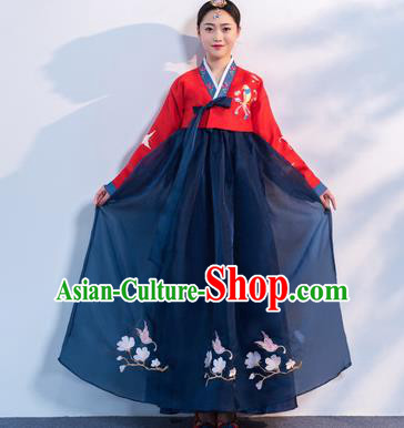 Top Grade Korean Traditional Costumes Asian Korean Hanbok Bride Red Blouse and Navy Skirt for Women