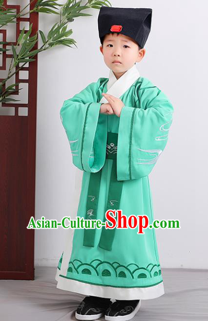 Chinese Han Dynasty Scholar Costume Ancient Green Hanfu Robe for Kids