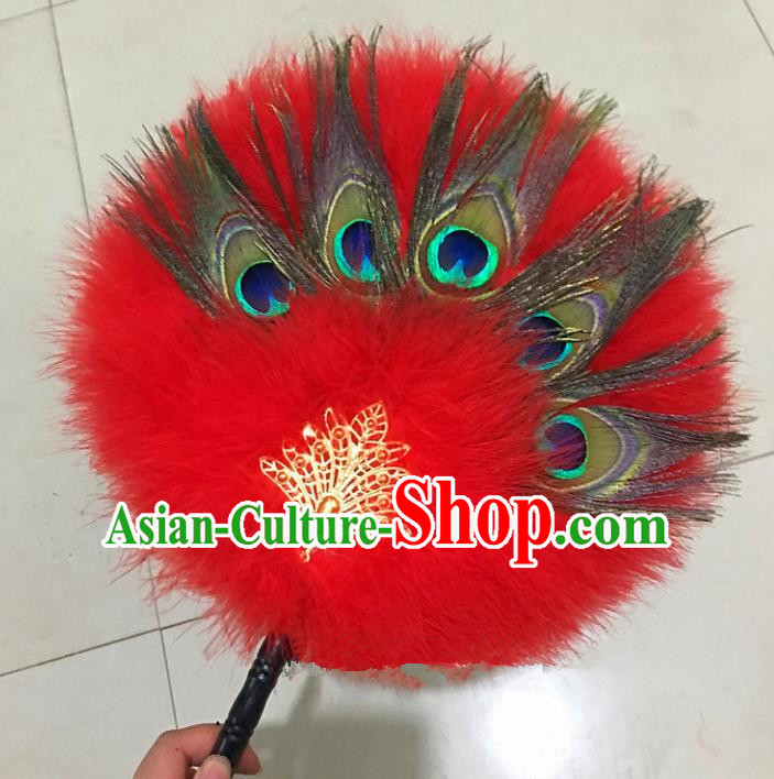 Traditional Chinese Crafts Red Feather Palace Fan China Round Dance Feather Fans