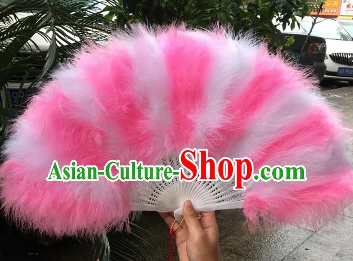 Traditional Chinese Crafts Pink Feather Folding Fan China Folk Dance Feather Fans