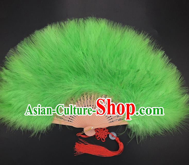 Traditional Chinese Crafts Green Feather Folding Fan China Folk Dance Feather Fans