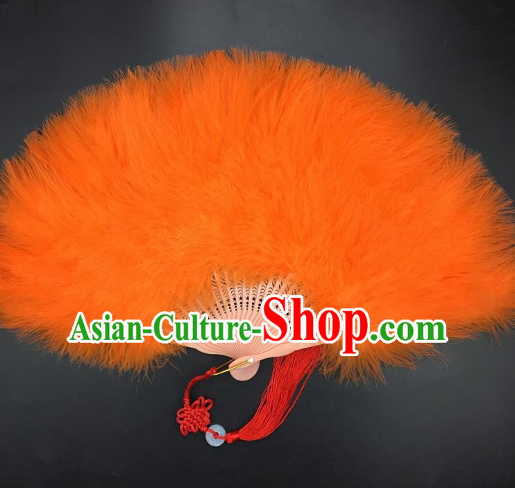 Traditional Chinese Crafts Orange Feather Folding Fan China Folk Dance Feather Fans