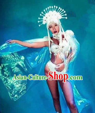 Professional Stage Performance Costume Halloween Cosplay Mermaid White Clothing and Headwear for Women