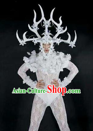 Professional Stage Performance Costume Halloween Cosplay Clown White Clothing and Antlers Headwear for Men