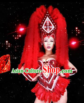 Professional Stage Performance Costume Halloween Cosplay Red Feather Clothing and Headwear for Women