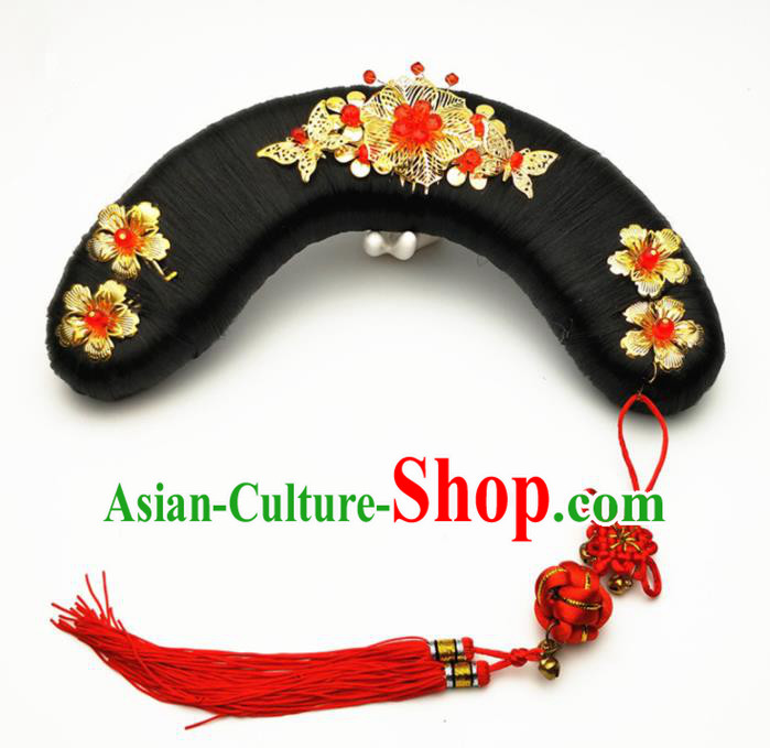 Chinese Ancient Qing Dynasty Princess Hair Accessories Palace Lady Golden Hairpins and Wigs for Kids