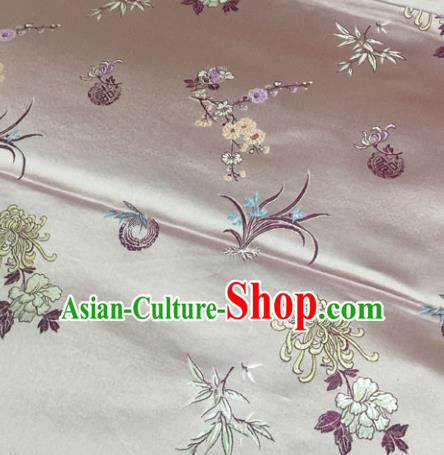 Chinese Traditional Silk Fabric Tang Suit Pink Brocade Cheongsam Plum Blossom Orchid Bamboo and Chrysanthemum Pattern Cloth Material Drapery