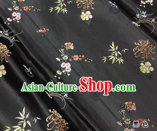 Chinese Traditional Black Silk Fabric Cheongsam Tang Suit Plum Blossom Orchid Bamboo and Chrysanthemum Pattern Brocade Cloth Drapery