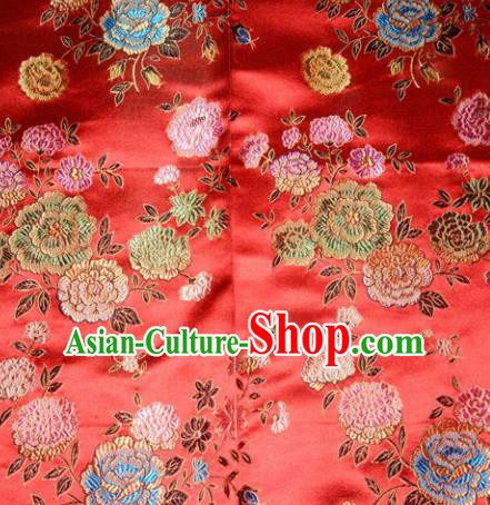 Chinese Traditional Silk Fabric Tang Suit Red Brocade Cheongsam Classical Peony Pattern Cloth Material Drapery