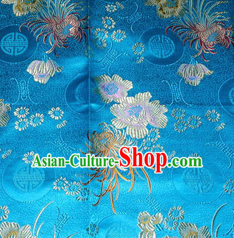 Chinese Traditional Silk Fabric Classical Chrysanthemum Pattern Tang Suit Blue Brocade Cloth Cheongsam Material Drapery