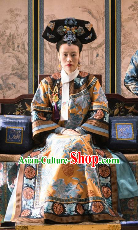 Ancient Ruyi Royal Love in the Palace Chinese Qing Dynasty Empress Dowager Embroidered Costumes and Headpiece Complete Set