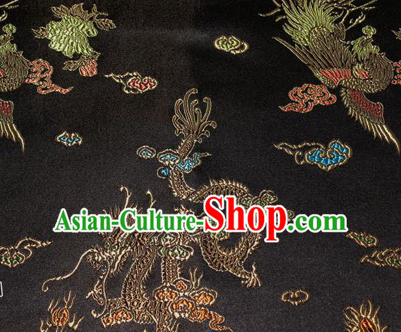 Chinese Traditional Silk Fabric Dragon Phoenix Peony Pattern Tang Suit Black Brocade Cloth Cheongsam Material Drapery