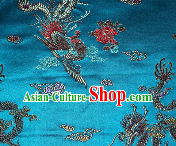 Chinese Traditional Silk Fabric Dragon Phoenix Peony Pattern Tang Suit Blue Brocade Cloth Cheongsam Material Drapery