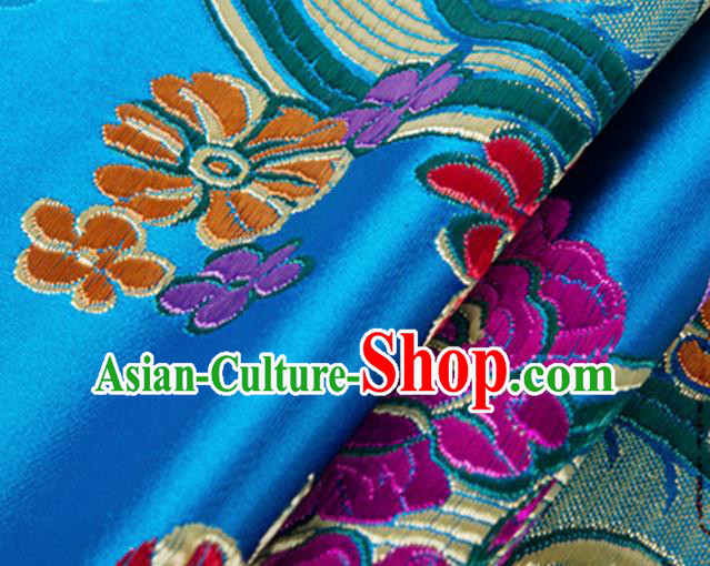 Chinese Traditional Silk Fabric Tang Suit Classical Flowers Pattern Blue Brocade Cloth Cheongsam Material Drapery