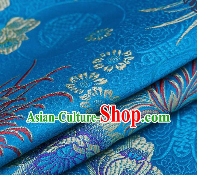 Chinese Traditional Blue Brocade Fabric Chrysanthemum Pattern Tang Suit Silk Cloth Cheongsam Material Drapery