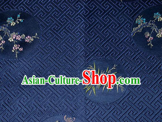 Chinese Traditional Silk Fabric Plum Blossom Orchid Bamboo Chrysanthemum Pattern Tang Suit Deep Blue Brocade Cloth Cheongsam Material Drapery