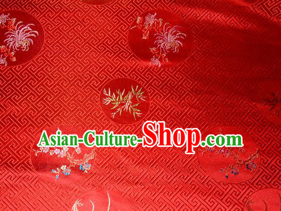 Chinese Traditional Silk Fabric Plum Blossom Orchid Bamboo Chrysanthemum Pattern Tang Suit Red Brocade Cloth Cheongsam Material Drapery
