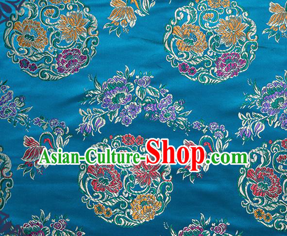 Chinese Traditional Palace Pattern Tang Suit Brocade Blue Fabric Silk Cloth Cheongsam Material Drapery