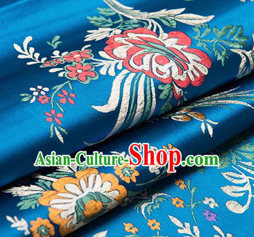 Chinese Traditional Begonia Pattern Tang Suit Blue Brocade Fabric Silk Cloth Cheongsam Material Drapery