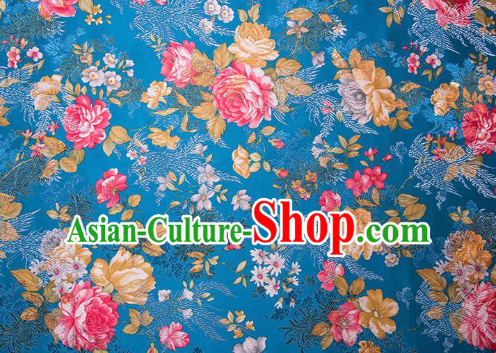 Chinese Traditional Peony Flowers Pattern Tang Suit Blue Brocade Fabric Silk Cloth Cheongsam Material Drapery