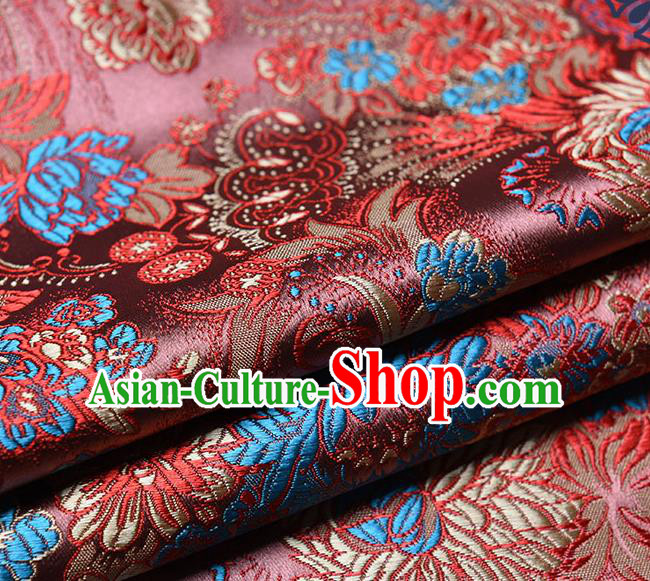 Chinese Traditional Tang Suit Brownish Red Brocade Fabric Peony Pattern Silk Cloth Cheongsam Material Drapery