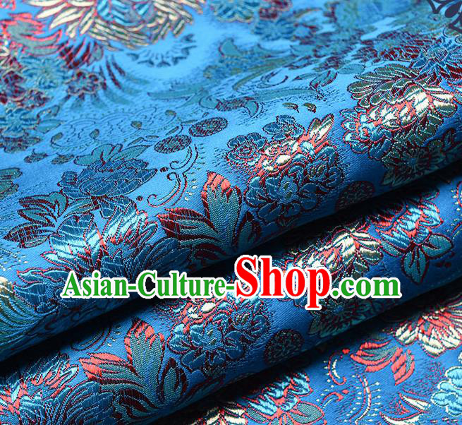 Chinese Traditional Tang Suit Blue Brocade Fabric Peony Pattern Silk Cloth Cheongsam Material Drapery