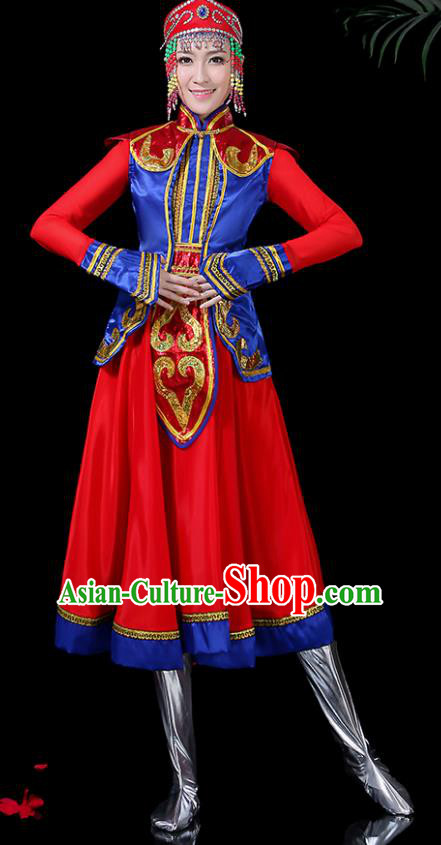 Chinese Traditional Classical Dance Red Dress Mongol Minority Folk Dance Clothing for Women