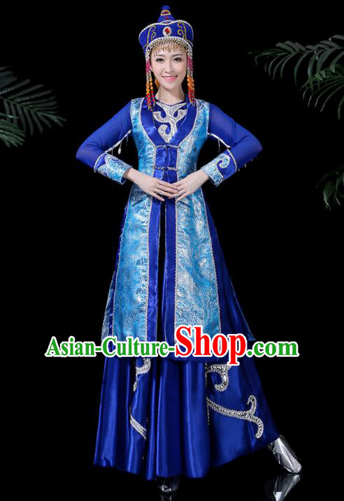 Chinese Traditional Mongolian Classical Dance Blue Dress Mongol Minority Folk Dance Costume for Women