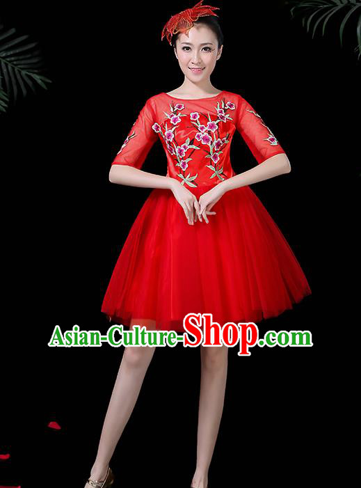 Professional Modern Dance Costume Chorus Red Bubble Veil Dress for Women