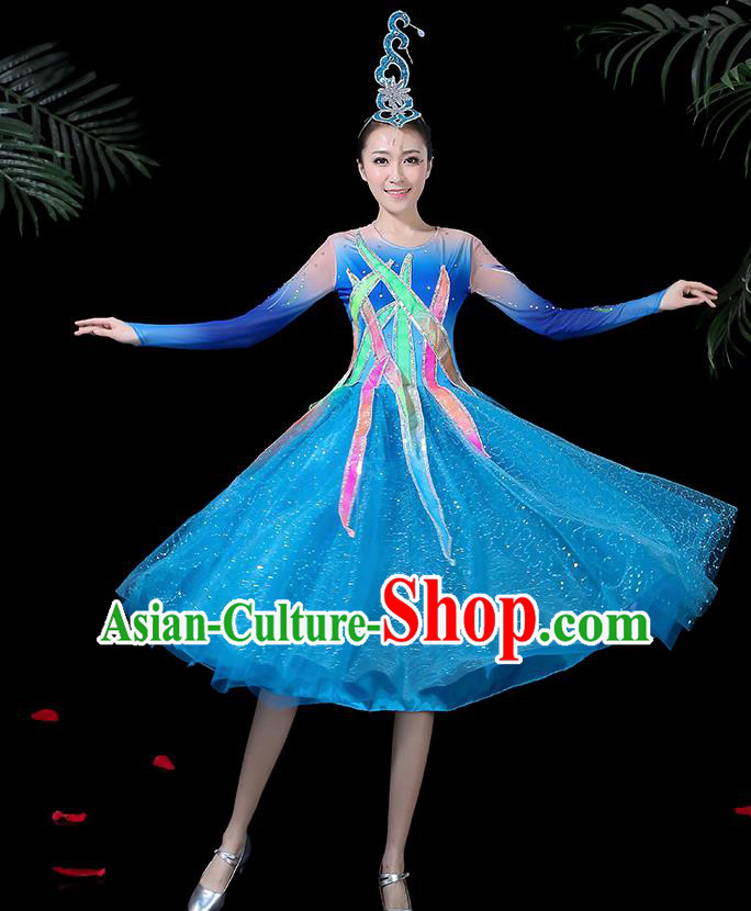 Professional Modern Dance Costume Chorus Folk Dance Blue Veil Dress for Women