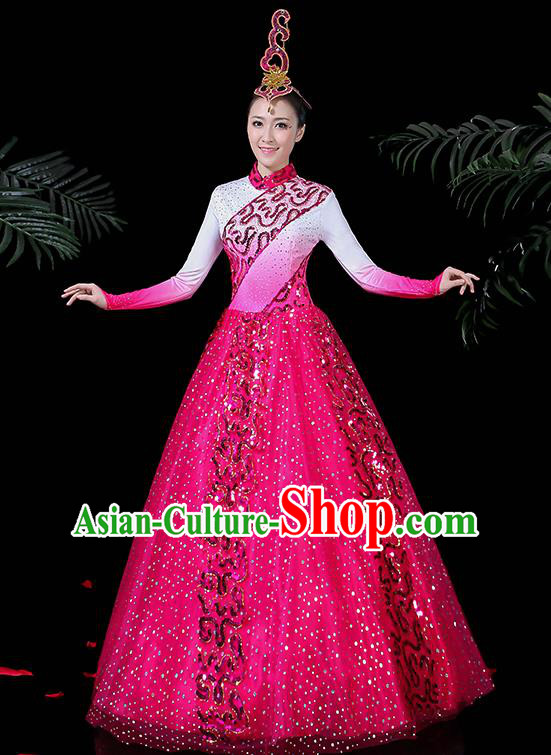 Chinese Classical Dance Costume Traditional Folk Dance Rosy Dress for Women