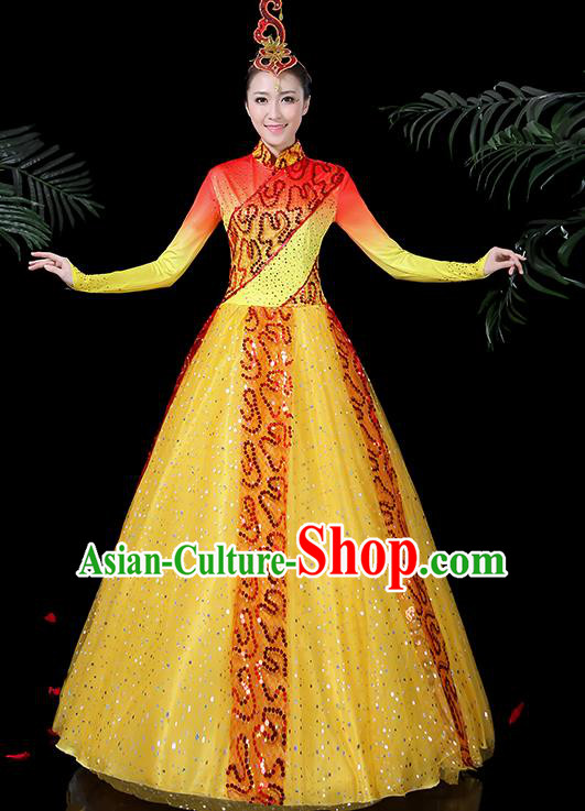 Chinese Classical Dance Costume Traditional Folk Dance Yellow Dress for Women