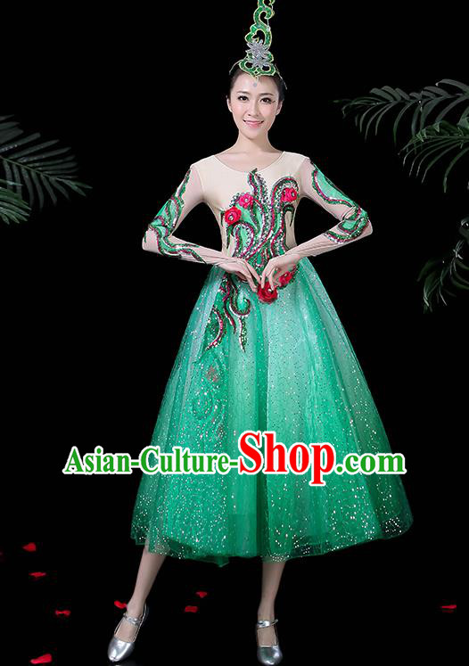 Chinese Classical Dance Costume Traditional Folk Dance Chorus Green Dress for Women