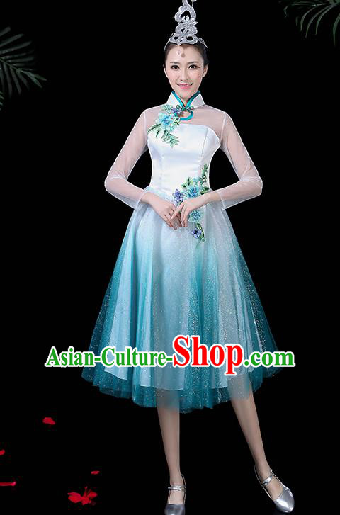 Chinese Classical Dance Costume Traditional Folk Dance Chorus Blue Dress for Women