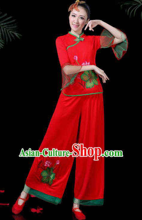 Chinese Classical Drum Dance Red Costume Traditional Folk Dance Lotus Dance Yangko Clothing for Women