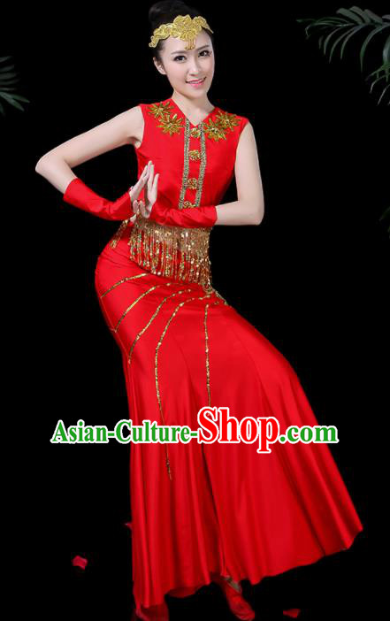 Chinese Traditional Classical Peacock Dance Red Dress Dai Minority Folk Dance Costume for Women