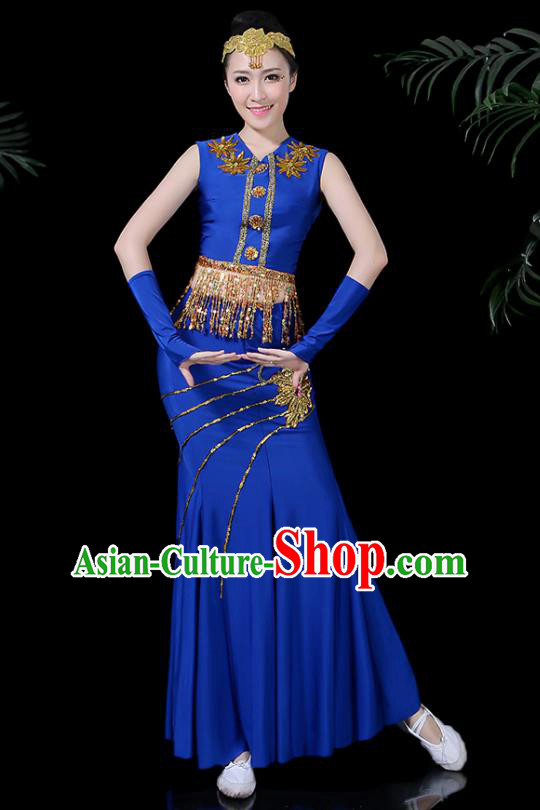 Chinese Traditional Classical Peacock Dance Royalblue Dress Dai Minority Folk Dance Costume for Women