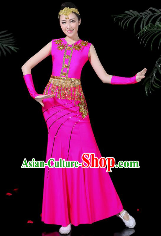 Chinese Traditional Classical Peacock Dance Rosy Dress Dai Minority Folk Dance Costume for Women