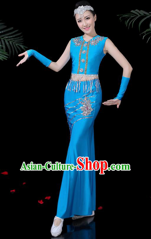 Chinese Traditional Classical Peacock Dance Blue Dress Dai Minority Folk Dance Costume for Women