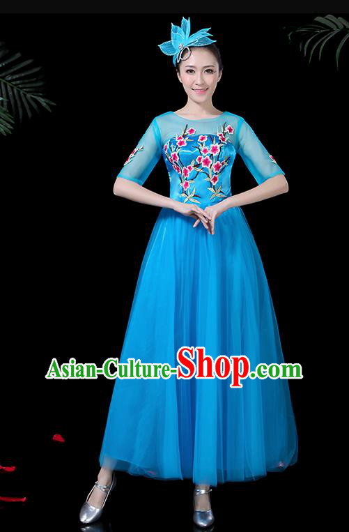 Professional Modern Dance Costume Stage Performance Chorus Blue Veil Dress for Women