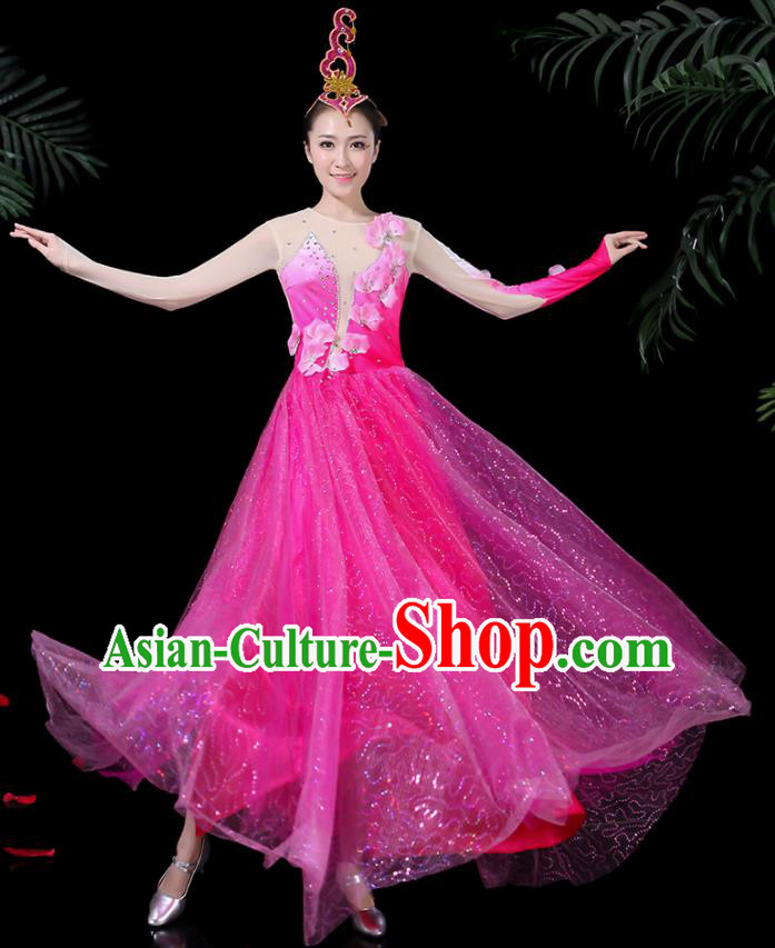 Chinese Classical Dance Rosy Long Dress Traditional Folk Dance Fan Dance Clothing for Women