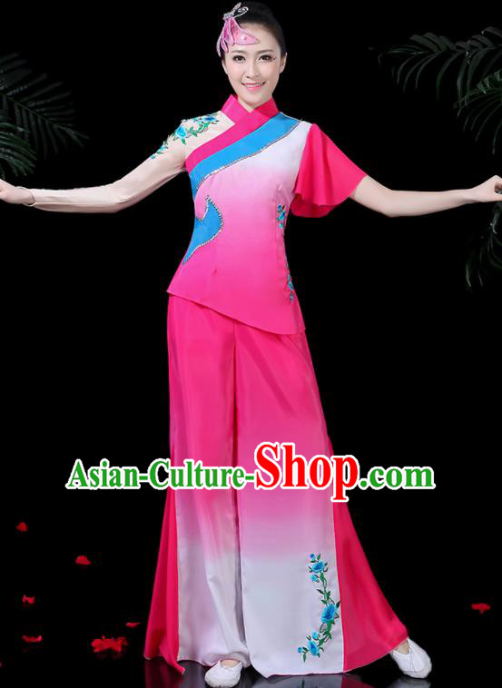 Chinese Classical Dance Rosy Costume Traditional Yangko Folk Dance Fan Dance Clothing for Women