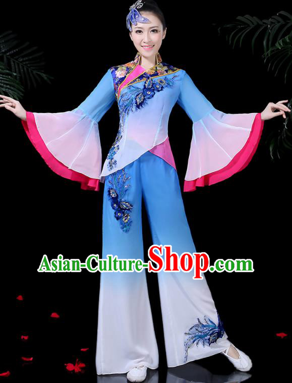 Chinese Classical Dance Blue Costume Traditional Yangko Folk Dance Fan Dance Clothing for Women