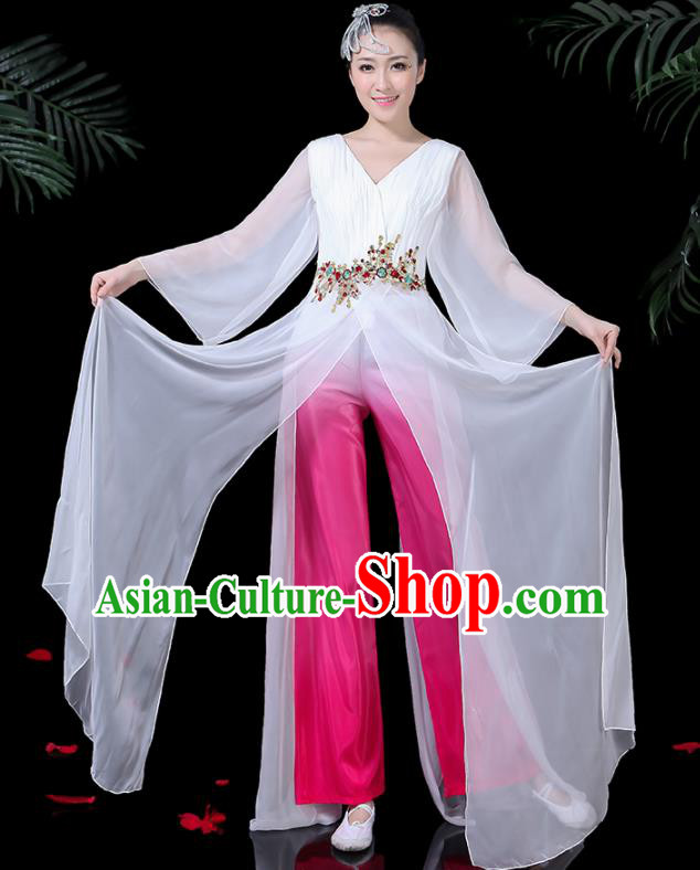 Chinese Classical Dance White Costume Traditional Folk Umbrella Dance Yangko Fan Dance Clothing for Women