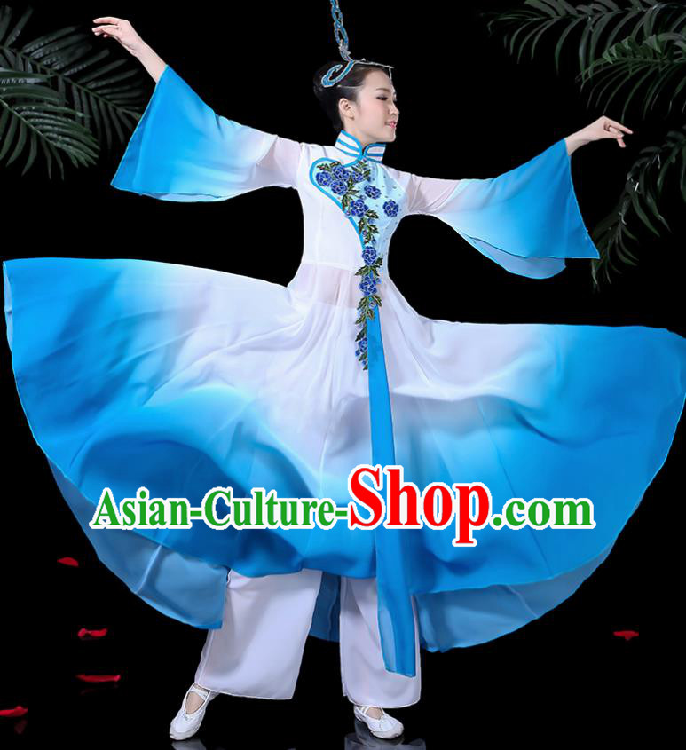 Chinese Classical Dance Costume Traditional Umbrella Dance Fan Dance Blue Dress for Women