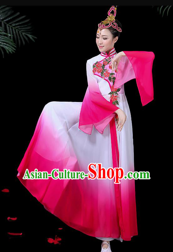 Chinese Classical Dance Costume Traditional Umbrella Dance Fan Dance Rosy Dress for Women