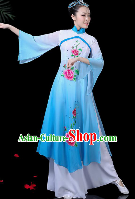 Chinese Classical Dance Umbrella Dance Costume Traditional Fan Dance Blue Dress for Women