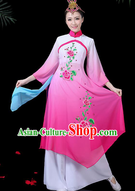 Chinese Classical Dance Umbrella Dance Costume Traditional Fan Dance Rosy Dress for Women