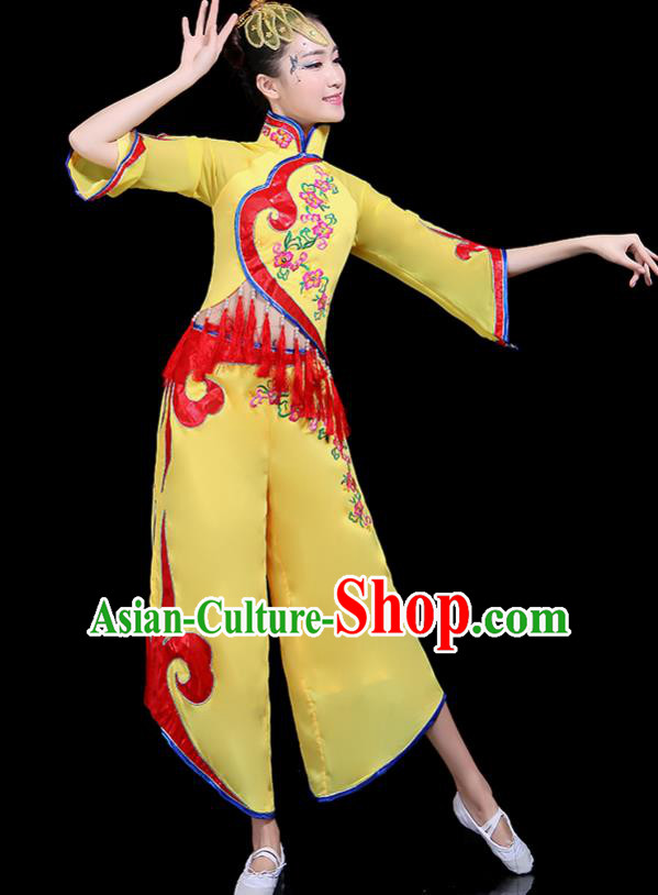 Traditional Fan Dance Yangko Yellow Costumes Chinese Folk Dance Umbrella Dance Costume for Women