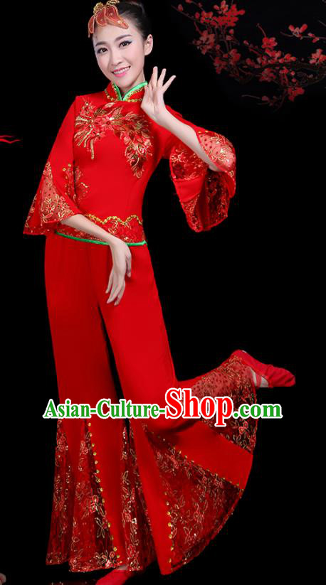 Traditional Fan Dance Yangko Red Lace Costumes Chinese Folk Dance Umbrella Dance Costume for Women